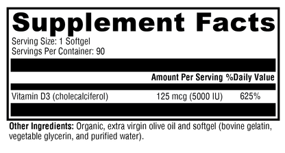 D3 5000 90 Softgels Supplement Facts